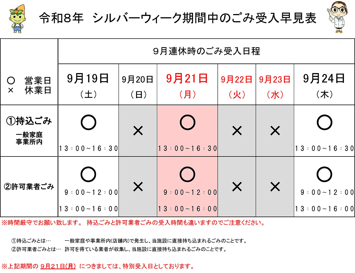 令和8年 シルバーウィーク期間中のごみ受入早見表 9月連休時のごみ受入日程